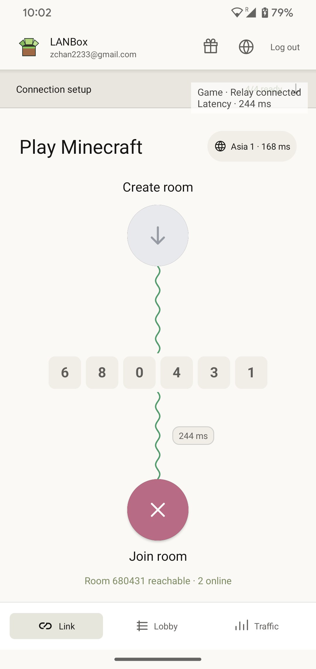 LANBox Android app showing the Minecraft room connection screen