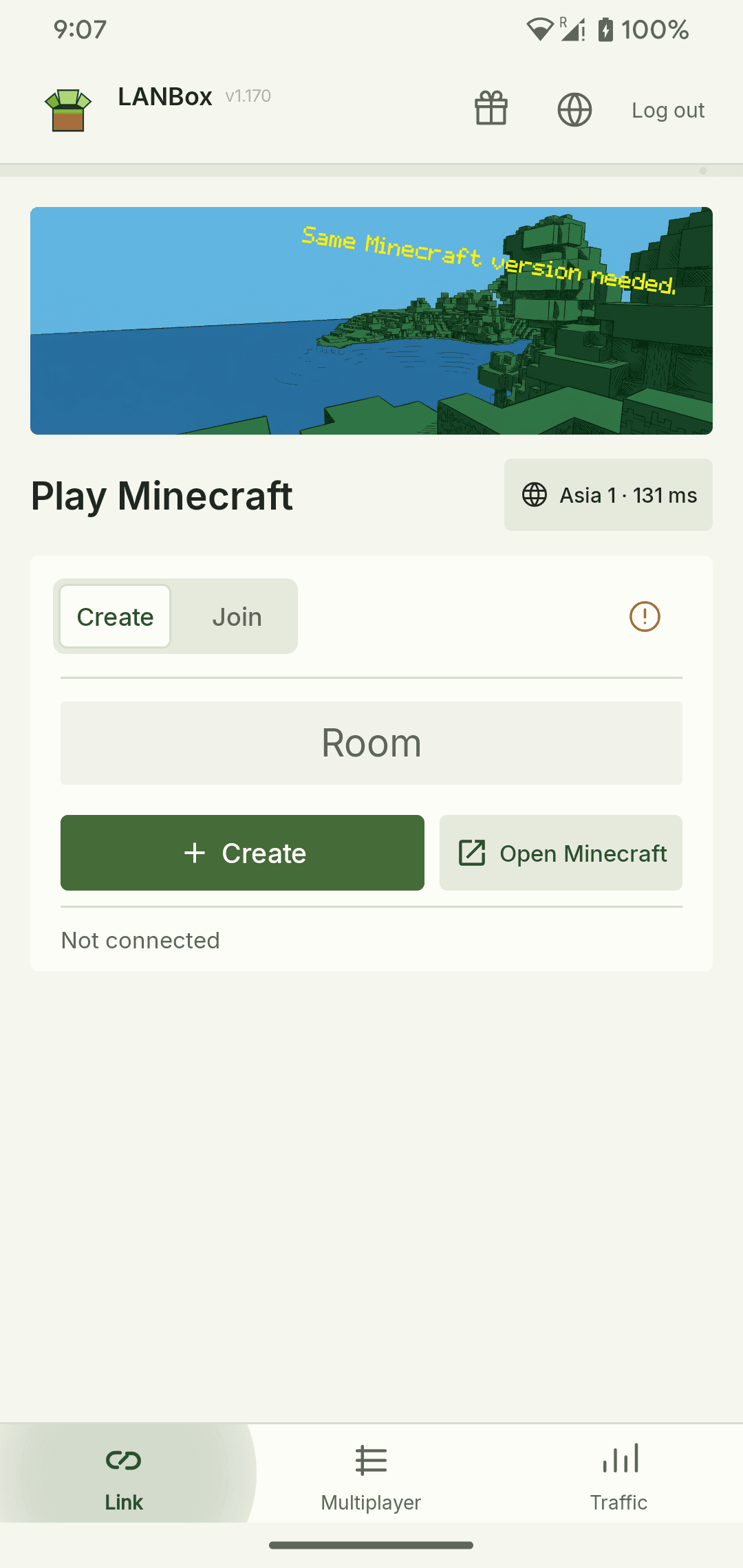 LANBox Android app showing the Minecraft room connection screen