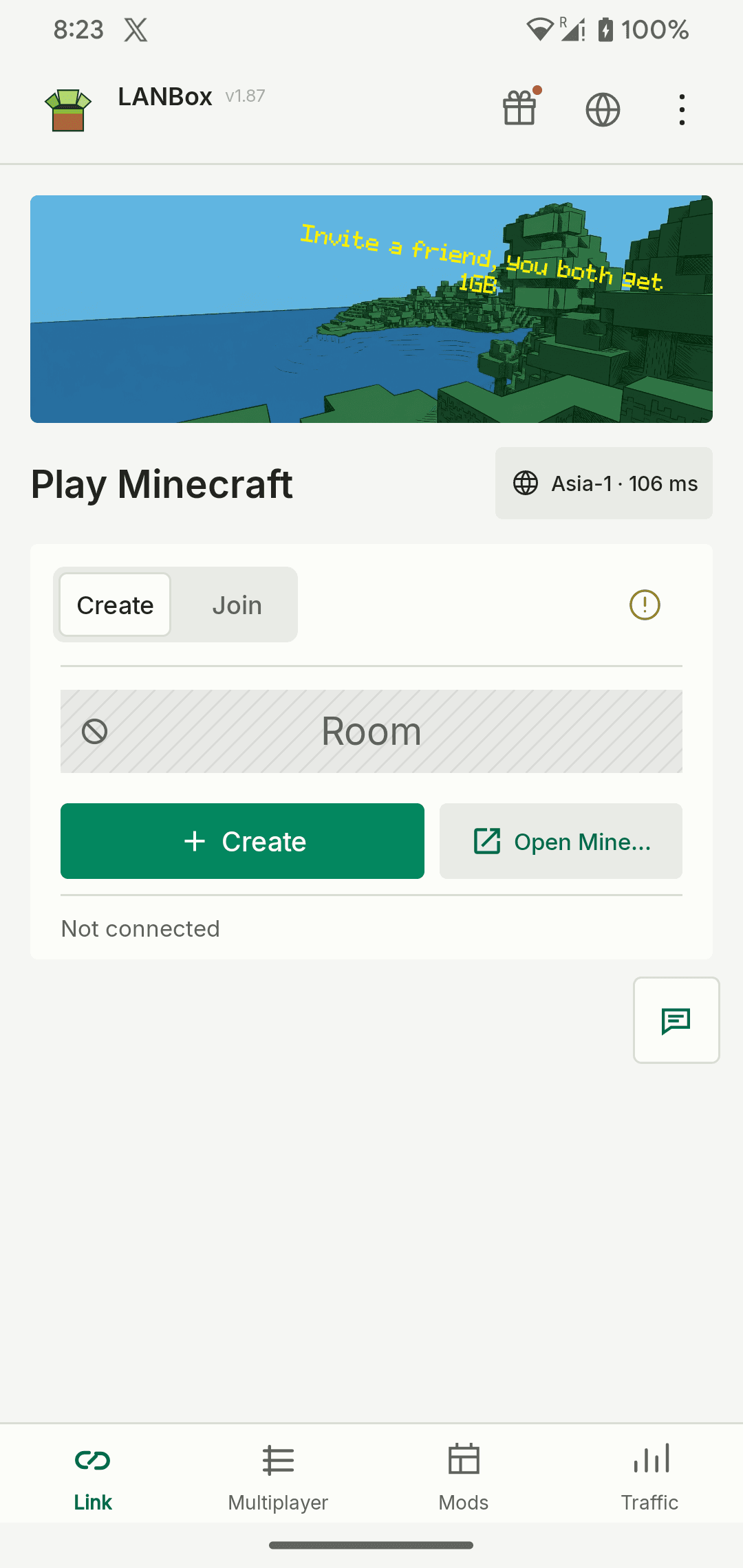 LANBox Android app — create and join a Minecraft room