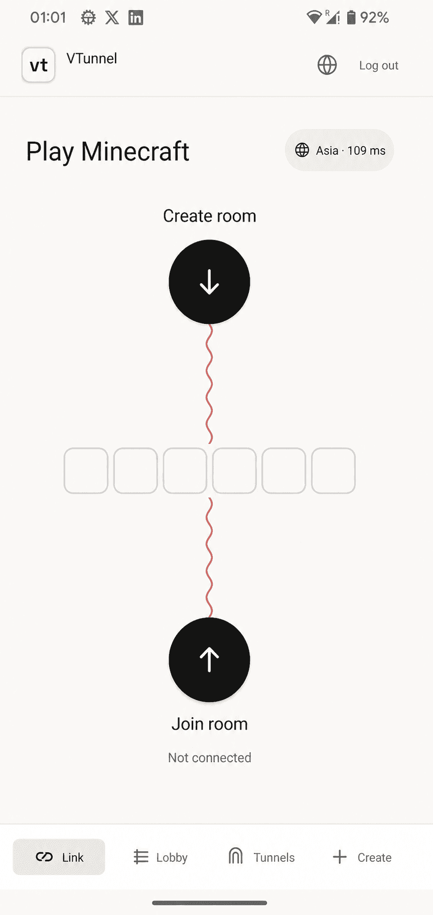 VTunnel Android app showing the Minecraft room connection screen